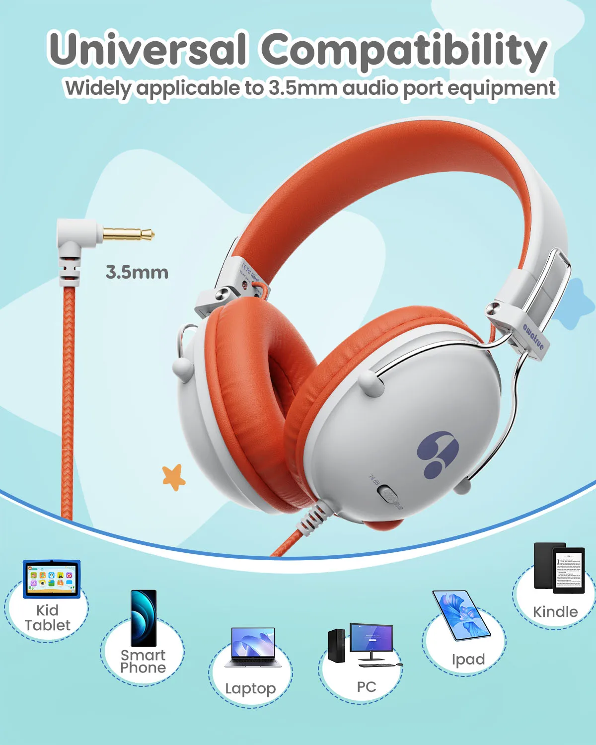 AWATRUE HK05 Kids Headphones for School Stereo Sound Wired On-Ear Headsets for Kids Boys Girls Gifts 74/85dB Safe Volume Limit