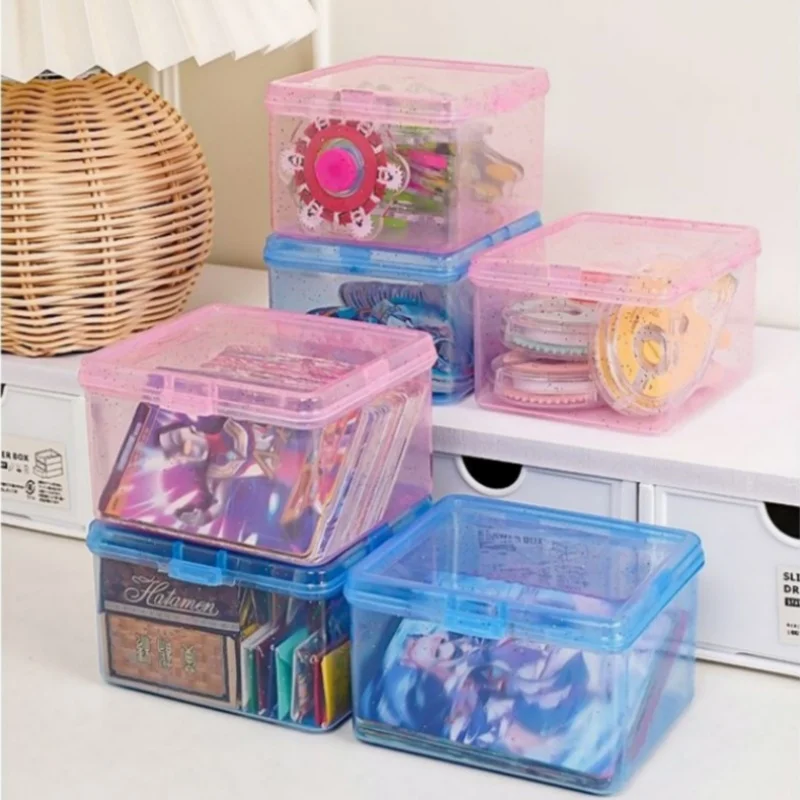 Glitter Plastic Storage Box Photocards Organizer Box Classification Flip Cover Stationery Jewelry Sundries Desktop Storage Boxes