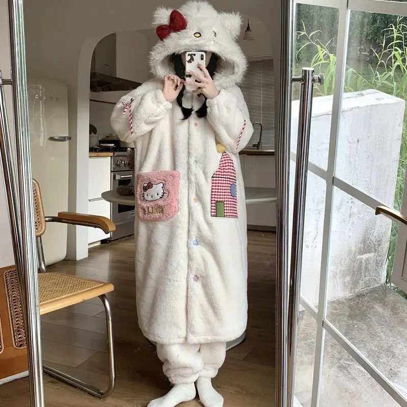 Sanrio Hello Kitty Nightgown Hooded Bathrobe Pants Coral Velvet White Kitty Plush Embroidered Nightwear Robe Female Cute Pajamas