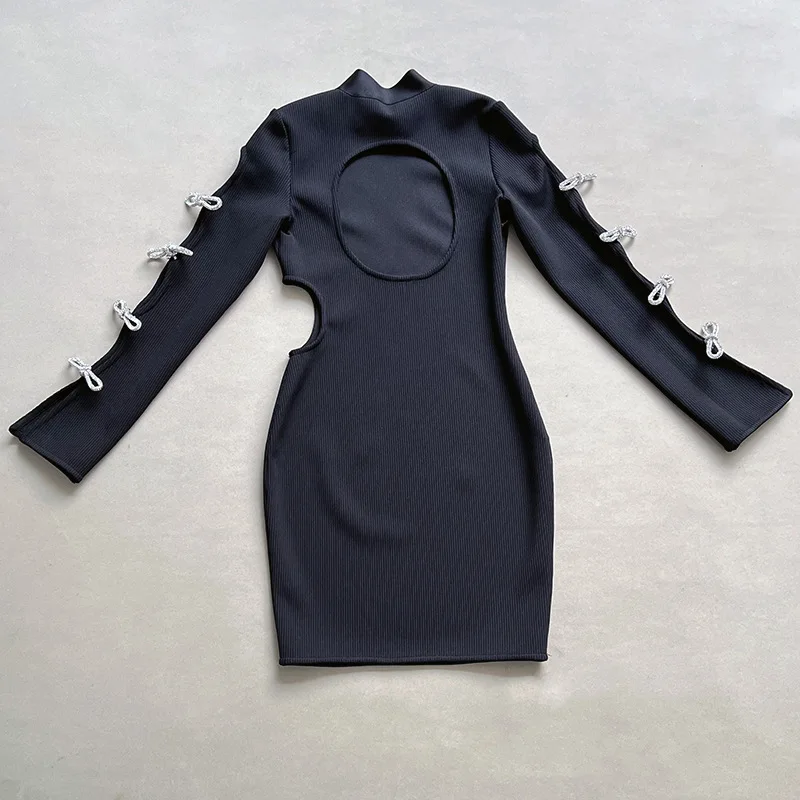 مثير عارية الذراعين القوس الأسود قطع طويلة ضمادة Bodycon فستان 2025 المرأة المشاهير أنيقة مساء فساتين عيد ميلاد فاخرة Vestido