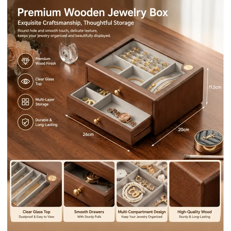 Retro Solid Wood Jewelry Organizer Box Large Capacity Multi Layer Visual Display Storage for Necklaces Rings Earrings