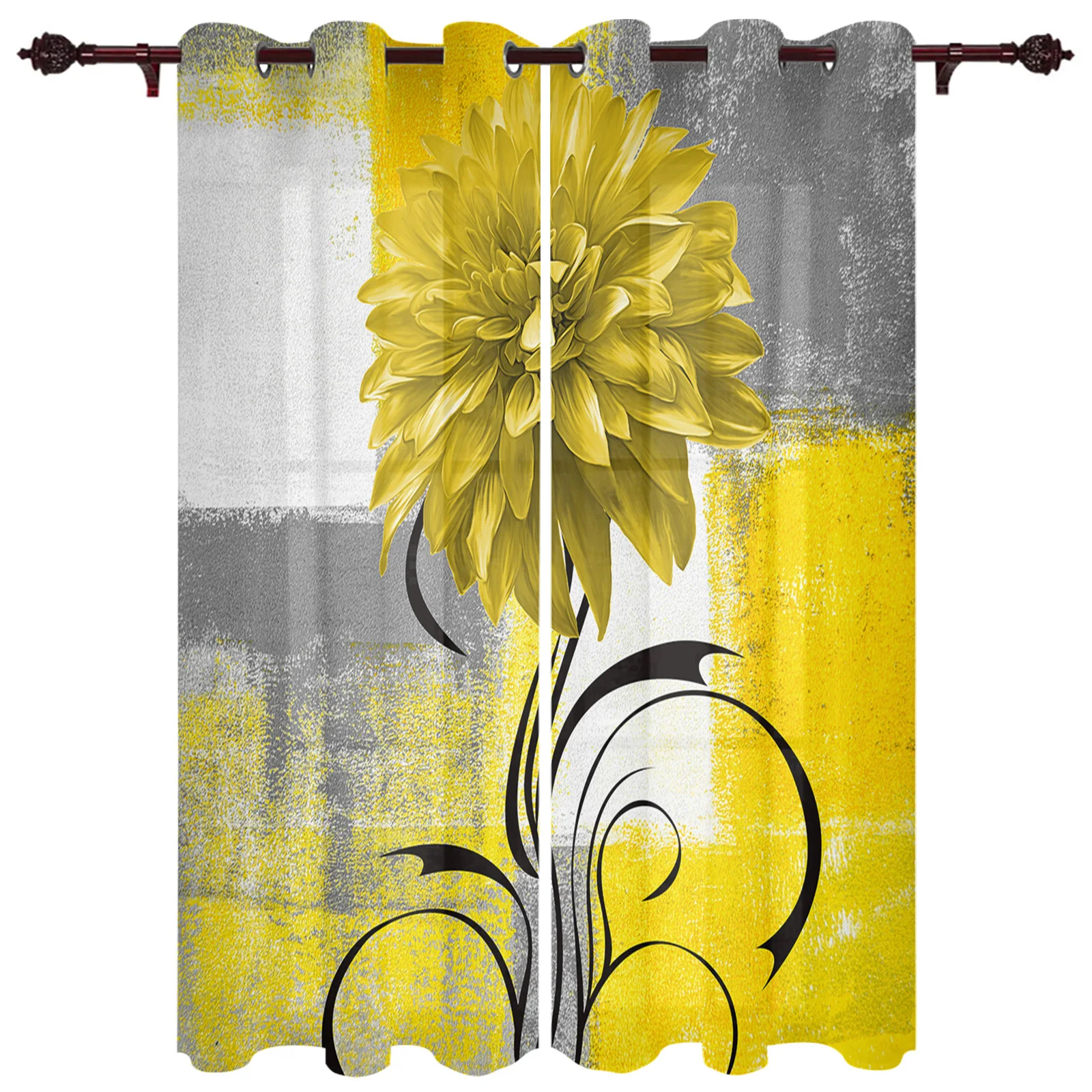 Dahlia Oil Painting Abstract Texture Plant Yellow Flower Curtains Bedroom Living Room Drapes Kitchen Window Curtain Home Decor