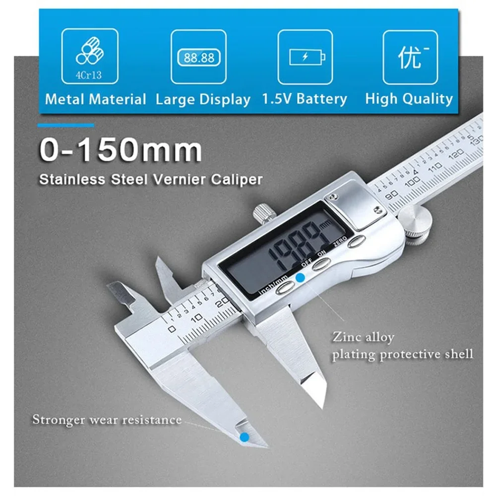 STONEGO 0-150mm Digital Metal Caliper Stainless Steel Vernier Calipers Electronic Micrometer Ruler Depth Measuring Tool