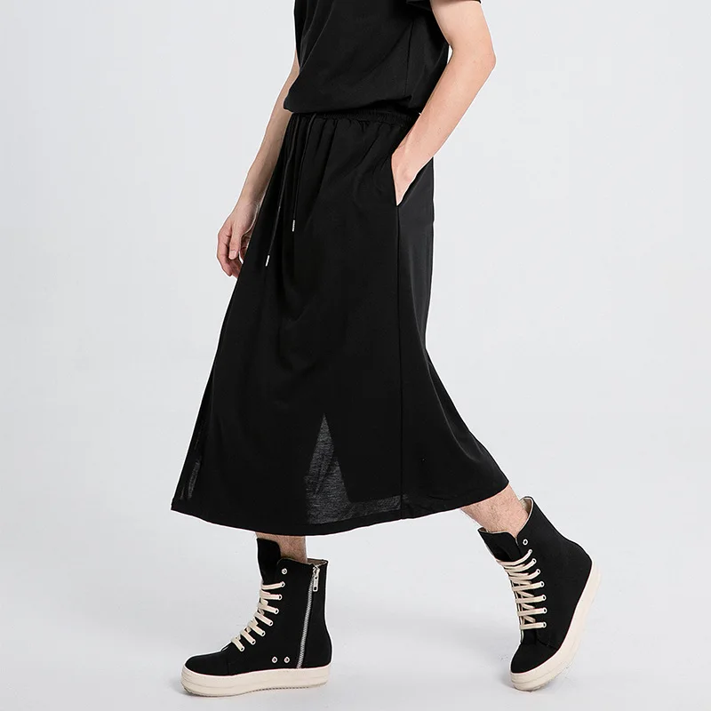 

Men's Casual Pants Japanese Style Straight With Tie Elastic Waist Wide Leg Skirt Trendy Personality Irregular Casual Nine-Point