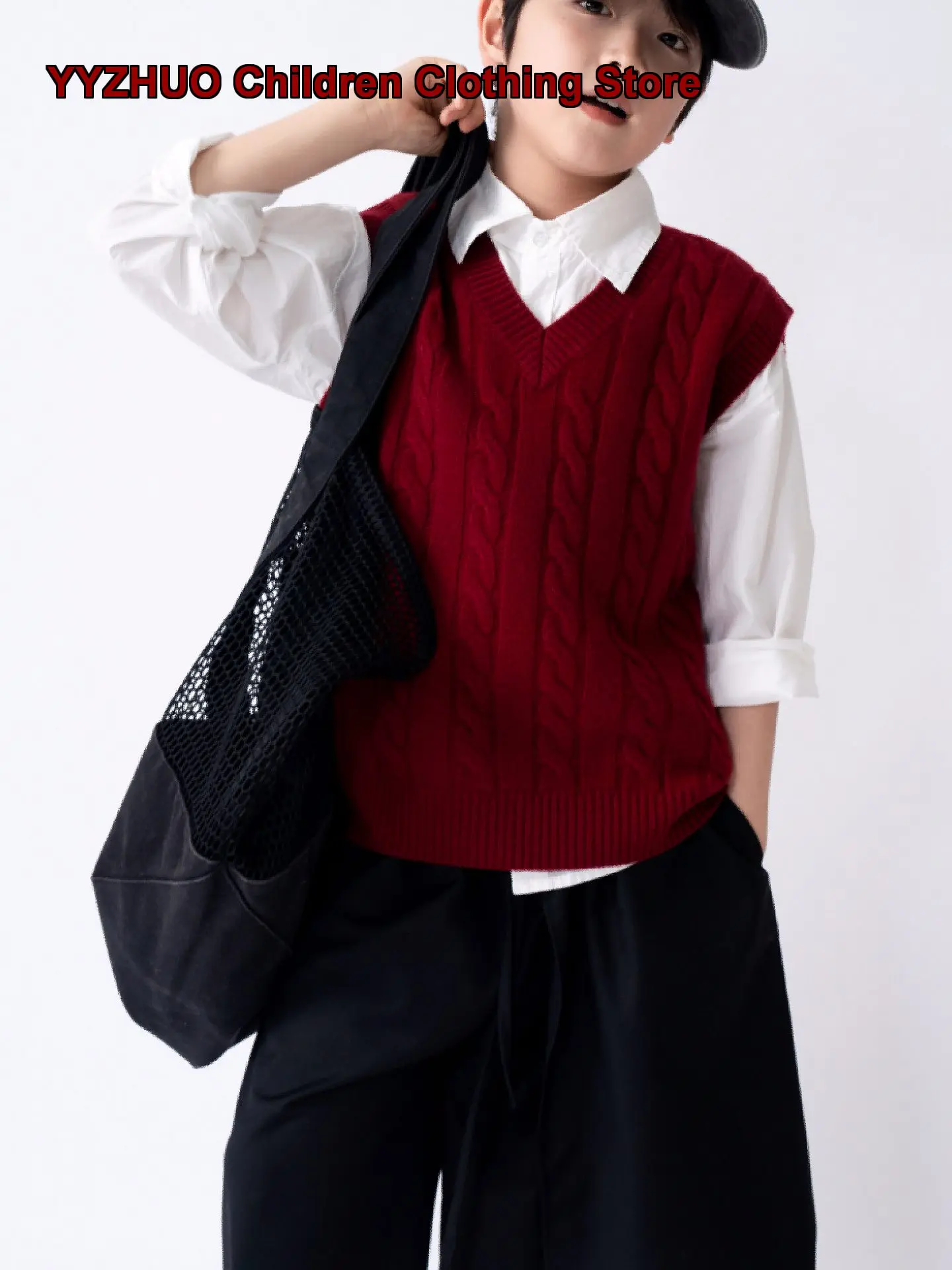 Aiskrui V-Neck New Year Red Cardigan Boys Thickened Jacquard Pattern