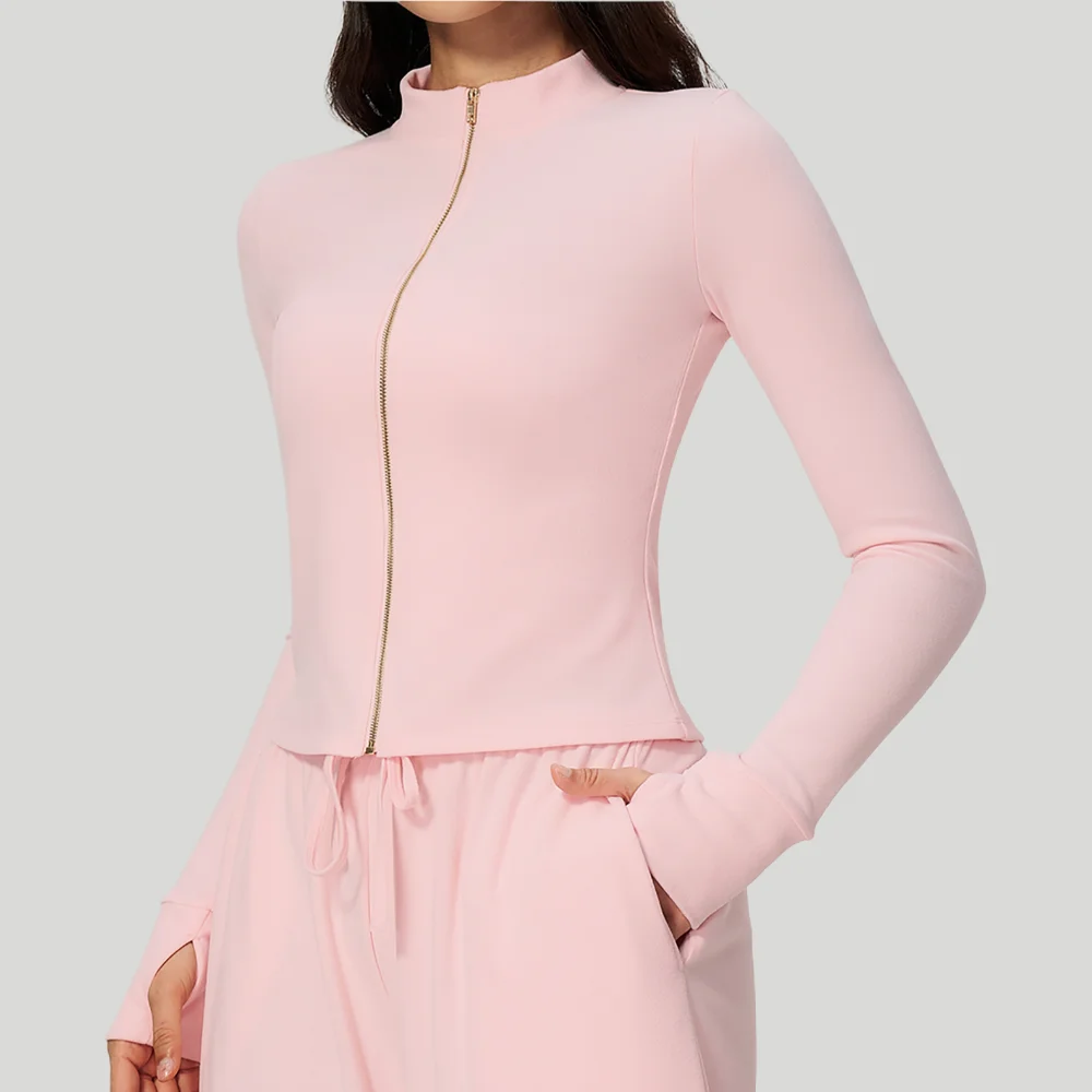 Womens Yoga Jacket Sports Long Sleeve Zipper Workout Top High Neck Slim Fit Thumb Hole Gym Running Fitness Athletic Sportswear