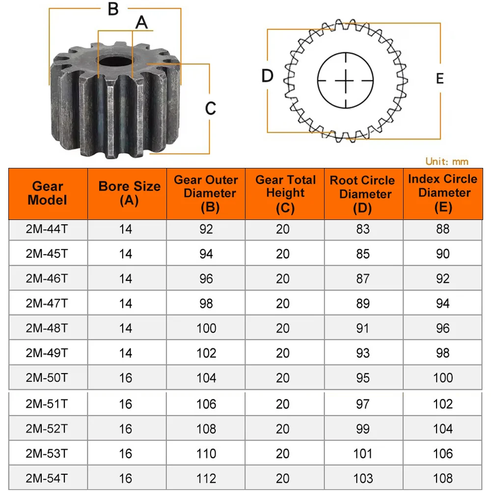 Spur Gear Steel Material 2 M-44/45/46/47/48/49/50/51/52/53/54T 45# Cylindrical Gears For Transmission Accessories CNC Part  2M