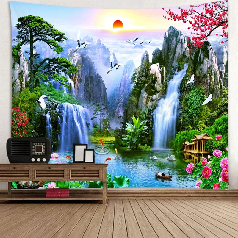 VIKAMA Traditional Oriental Tapestry Sunrise Waterfall Pine Tree Koi Crane Floral Lake Scenery Print Dorm Wall Backdrop Cloth