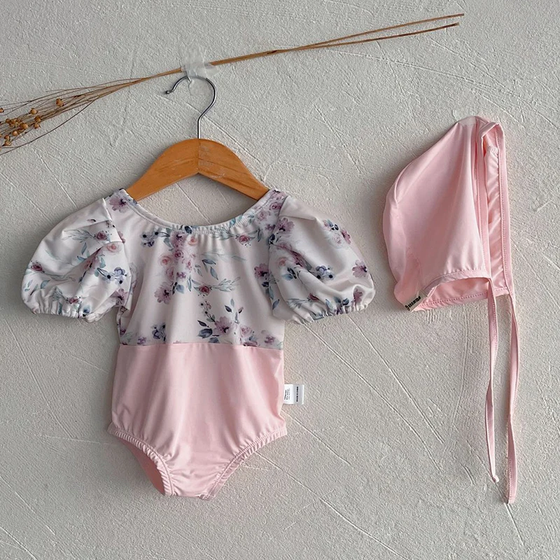 2024 Nieuwe Zomer Baby Meisjes Eendelig Badpak Met Korte Mouwen Print Baby Jumpsuit Badpak Kinderen Bikini Badmode