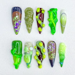Green Personalized Long Manicure Handmade 3D Relief Spice Girl Style Y2k Press on Nails False Nails