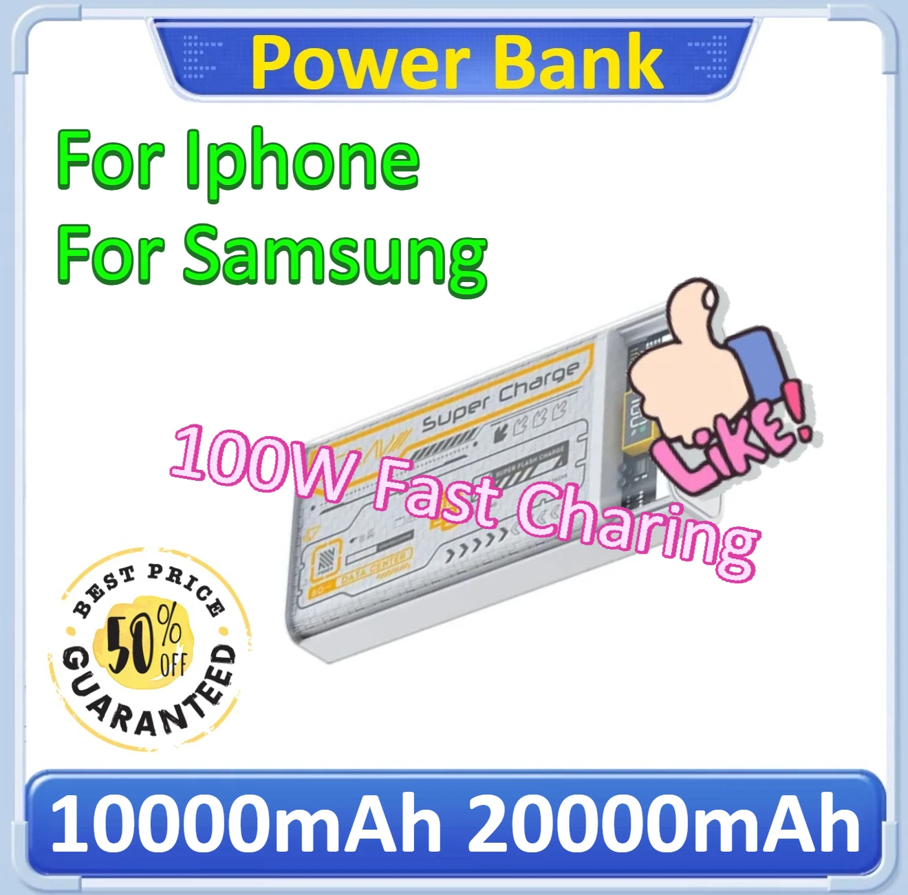 

100W 10000mAh 20000mAh for Iphone for Samsung Transparent Mecha Wind Mobile Power Bank Fast Charging