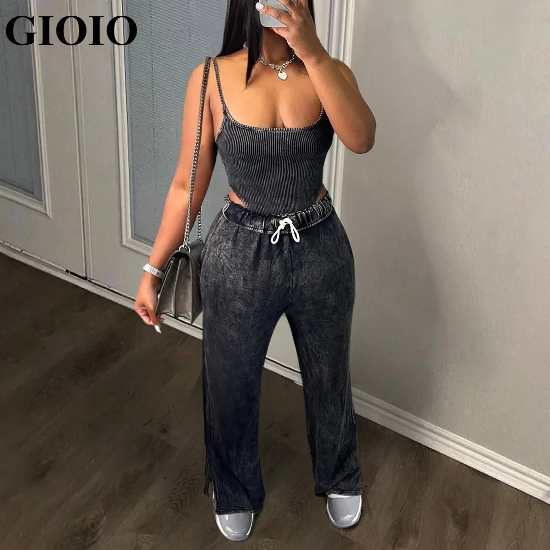 

GIOIO Casual Sweatsuits Simple Tank Top With Drawstring Wide Legs Women Two Piece Set Lounge Wear Sets Women