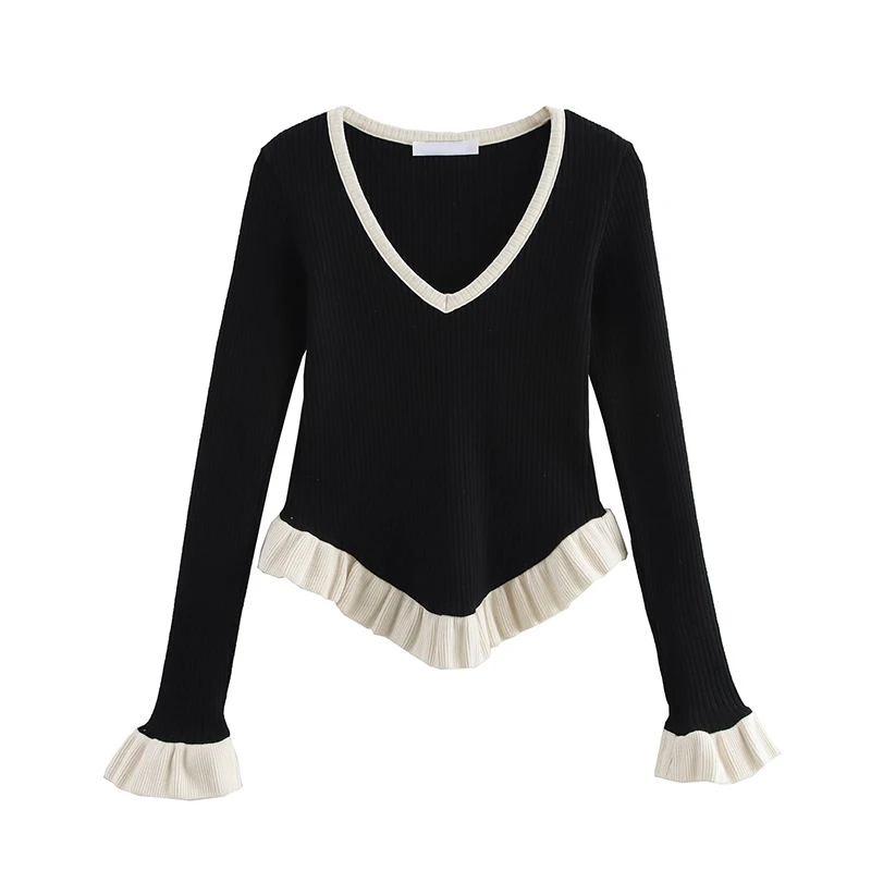 

YENKYE 2025 Women Casual V Neck Long Sleeve Knitted Pullovers Asymmetrical Hem Patchwork Ruffles Sweaters Spring Knitwear