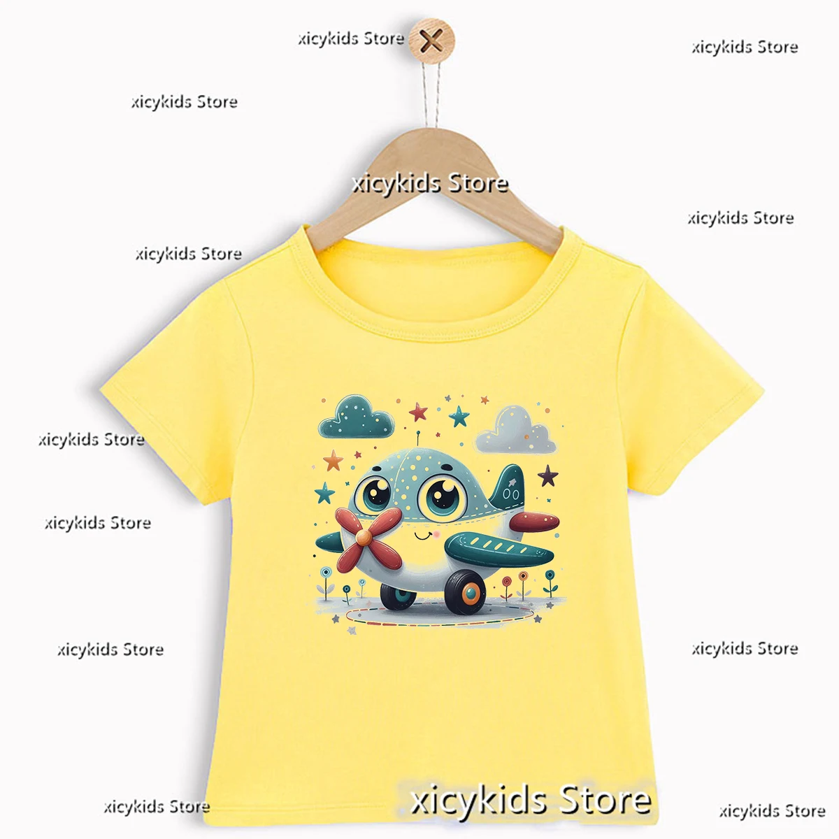 New Kids Tshirt Cute Train And Airplane Prints T-Shirt Boys Give Kids Birthday Gifts Clothes Tshirt Fashion Boy Yellow Shirt Top