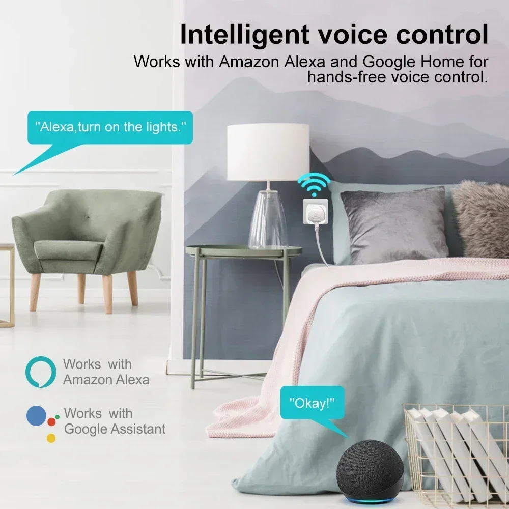 Tuya Smart Plug, European German Standard Voice-Controlled Wi-Fi Socket, Alexa/Google Home, Timer Remote Control, Energy Monitor