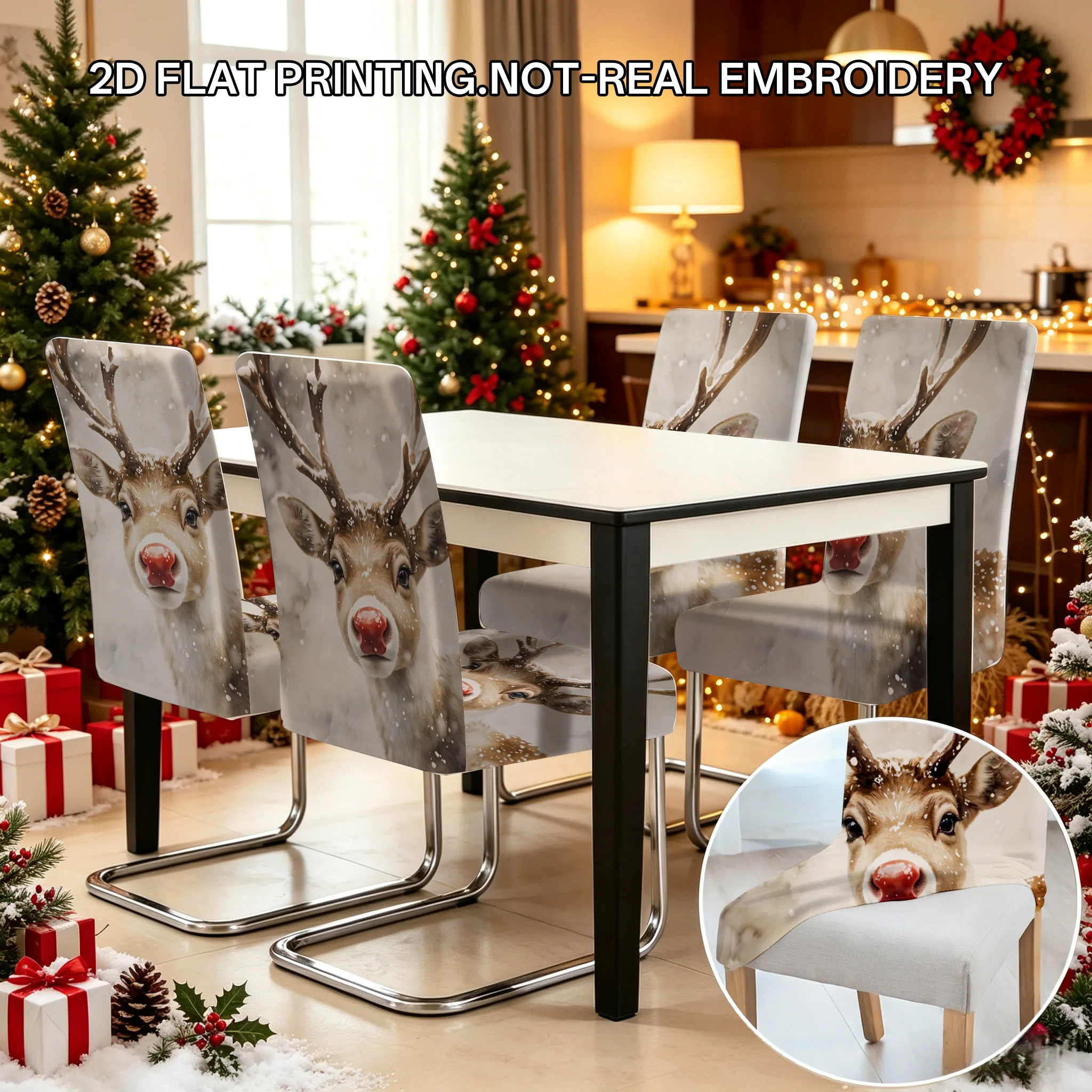 2/4/6 PCS Christmas reindeer elastic dining chair cover, retro forest deer holiday pattern, Christmas home holiday decoration