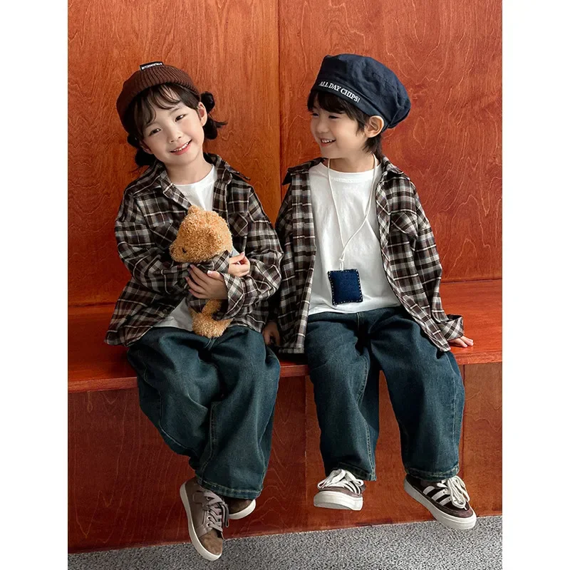 Equal Family Plaid Shirts Autumn Father Mother and Daughter Son Same Long Sleeve Tops Korean Vintage Parent-child Jacket Coat