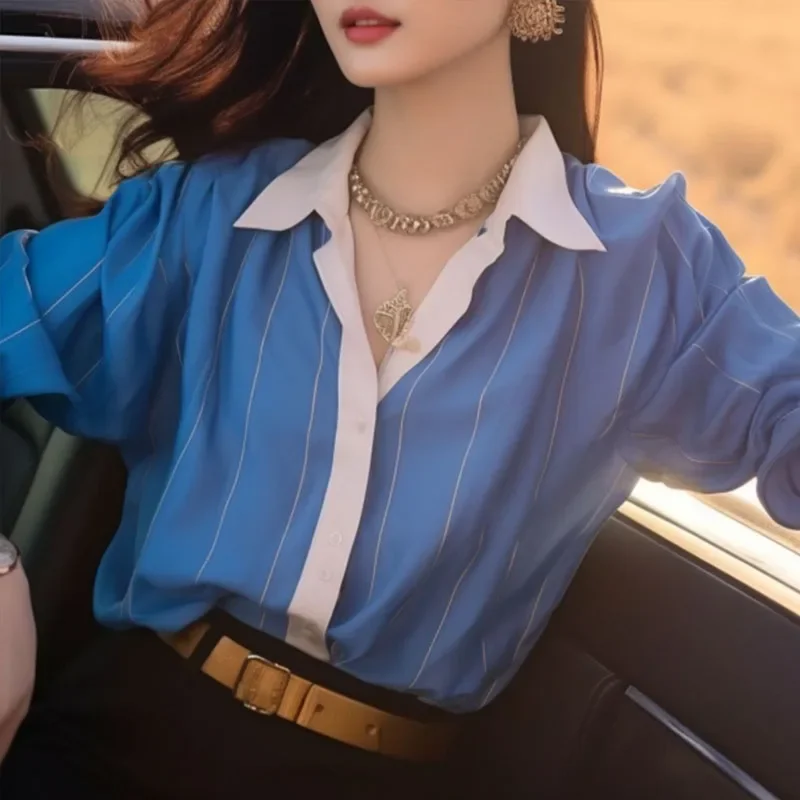 

Vintage Summer Women Unique Shirt Sweet Blue Striped Contrasting Colors Single-breasted Lapel Collar Large Size Office Lady Tops