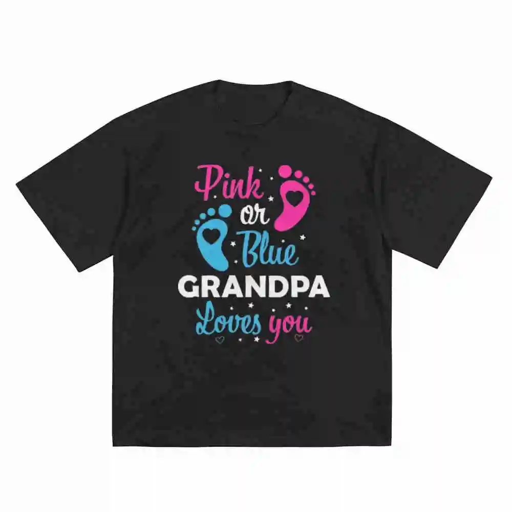 Grandfather Gender Reveal Pink Blue Footprints Grandpa Loves You Short Sleeve Tee 100% Cotton T-Shirt