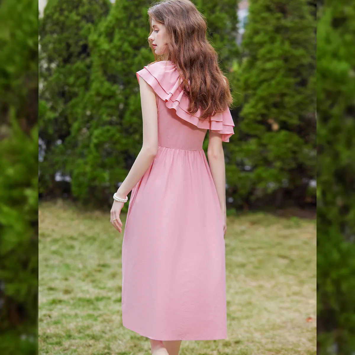 Louis yao vestido de camada dupla com borda plissada, verão 2021, elegante, linha a, gola inclinada, alça lateral única, vestido feminino