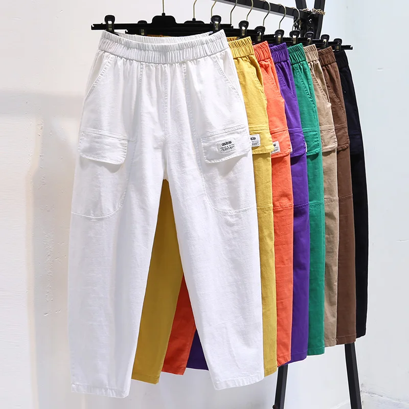 

Cotton linen Cargo Pants Women Spring Summer Casual Joggers Fashion Big Pocket High Waist Harem Pants Female Loose Trousers