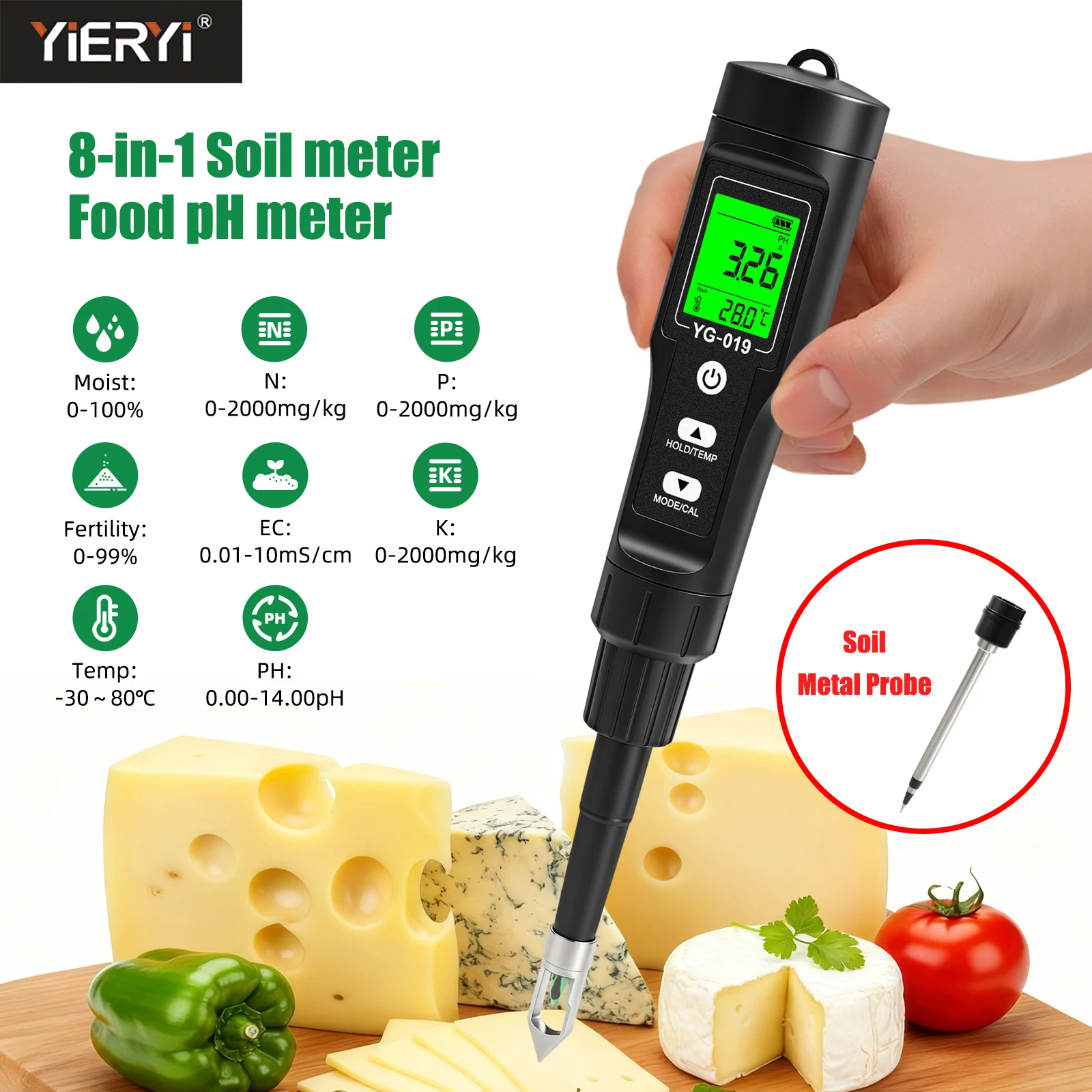 Yieryi 8 in 1 Soil Meter Food pH Tester Spear Probe Rechargeable Digital Soil EC NPK Moisture Temp Sensor for Dough Meat Garden
