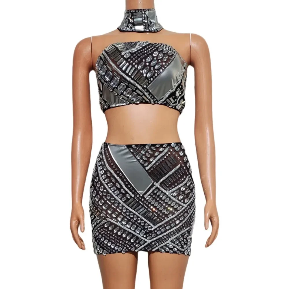 Mini Crystal Crop Sexy Tops Skirt Nightclub Outfit for Female Club Bar Party Stage Performance Costume Birthday Two Pieces Set