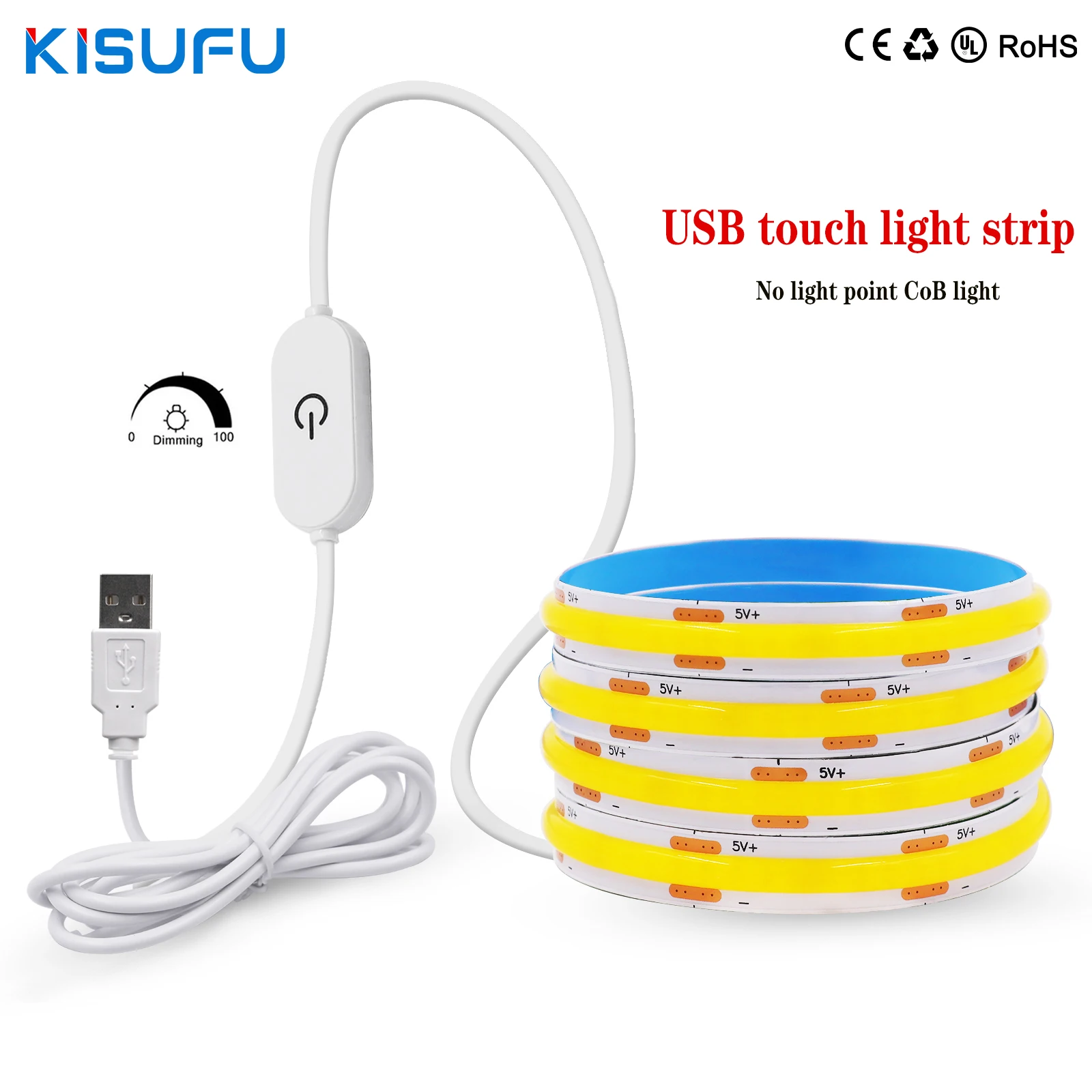 Dimmerable USB COB Strip Light With ON/OFF/Touch Switch 5V 320Leds/M Cabinet Lamp Flexible Ribbon Rope for TV Mirror Backlight