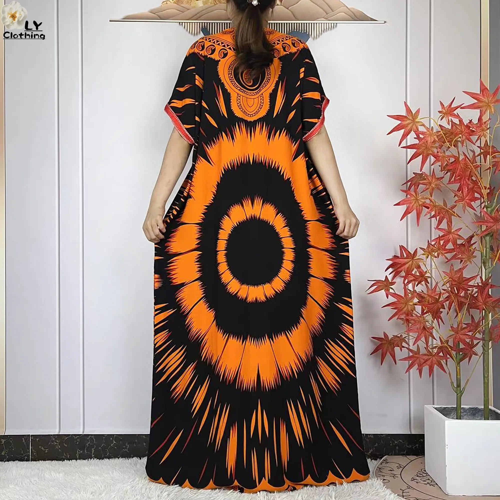 New 2024 Summer Party Dress Women Loose Cotton Short Sleeve Maxi Robe Femme Musulmane African Printing Floral Abaya Vestidos