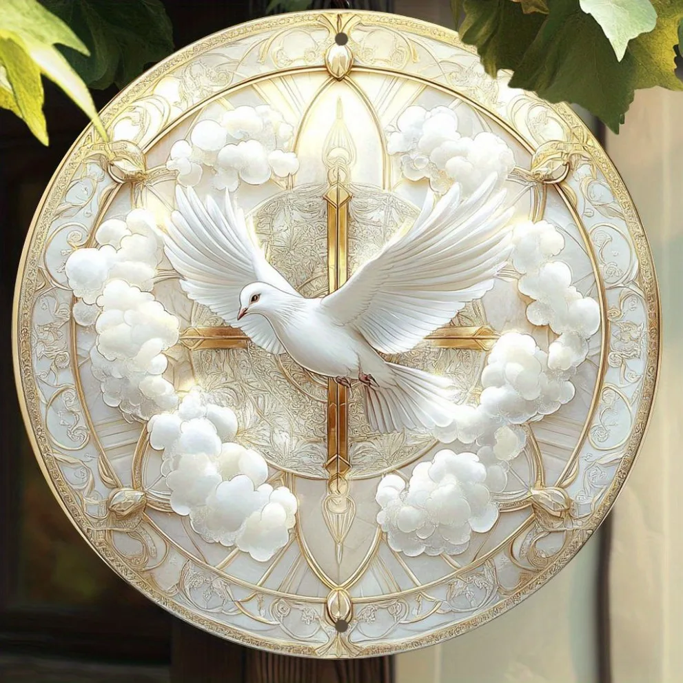 Vintage White Dove Cross Metal Wall Art - 8x8 Inch Round Sign for Home Kitchen Office Decor