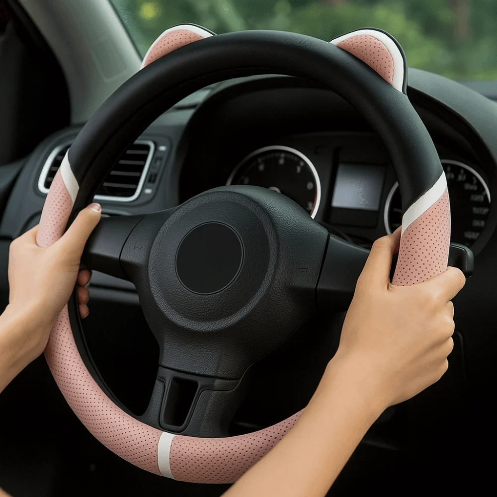 Cute Breathable Car Steering Cover Anti Slip Sweat Absorbing Handle Cover 38cm Circular Steering Wheel Sleeve Car Decoration