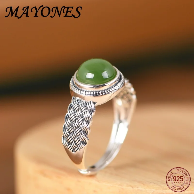 MAYONES S925 Silver Ring Women's Elegant and Elegant Weaving Pattern Egg Faced Jade Adjustable Ring 2024 Trendy Gift