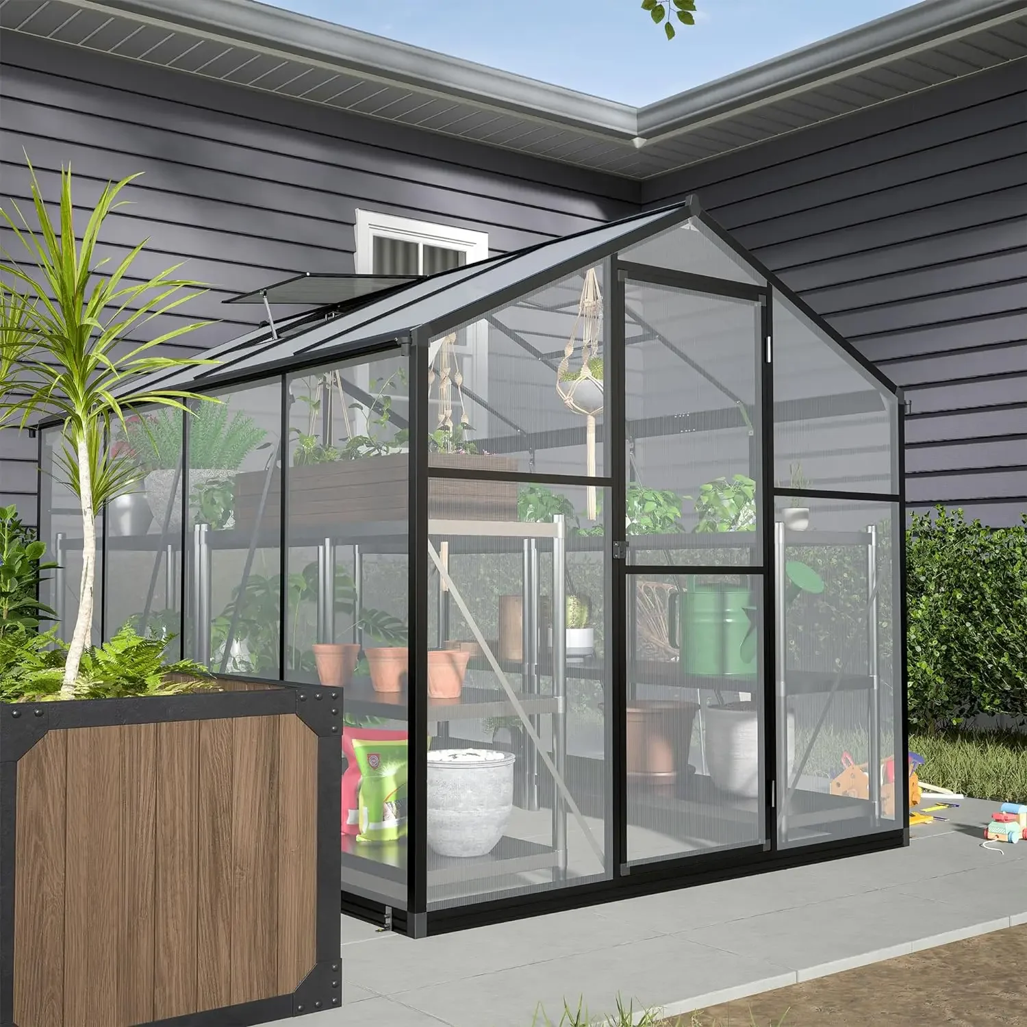 

Polycarbonate Greenhouse 6'x8' Heavy Duty Aluminum Walk-in Green House for Outdoor Garden with Base,Adjustment Roof Vent