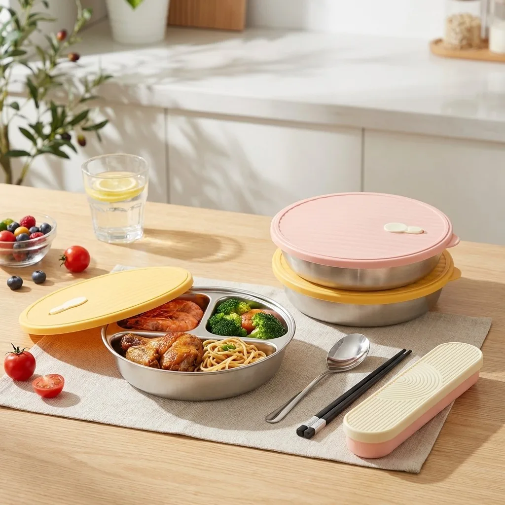 304 Stainless Steel Divided Food Plate Dish With Lid Reusable Students Kids 3-Compartment Dinning Plate Microwave Safe Tableware