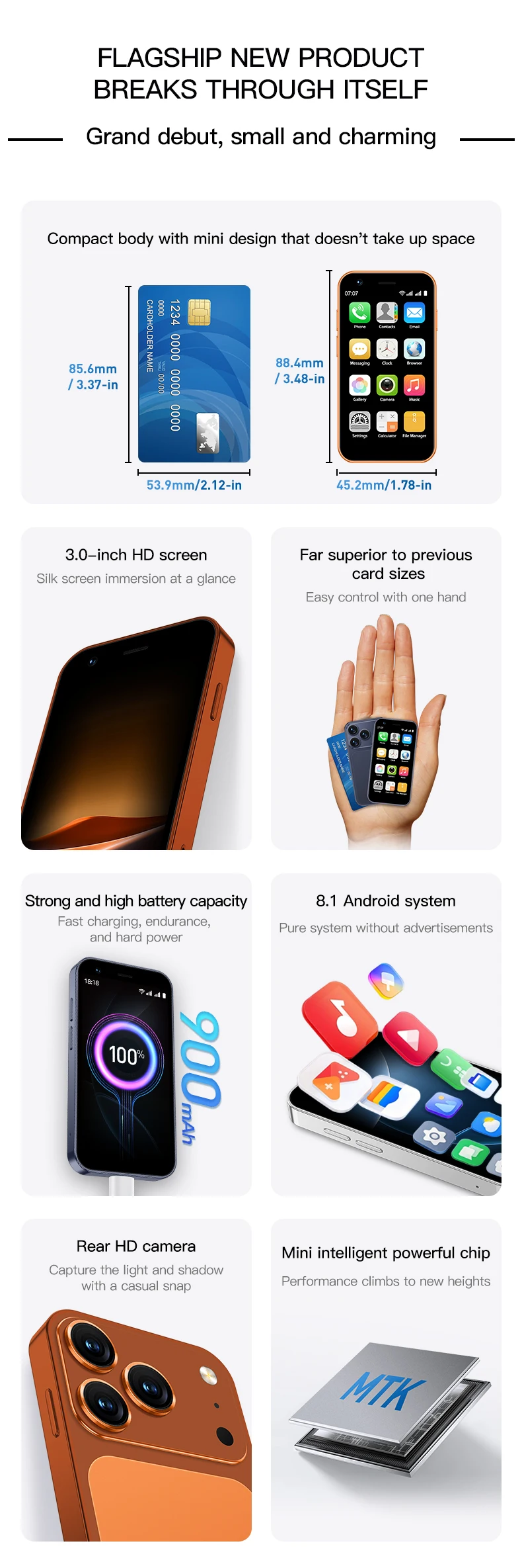 SERVO Mini Android Smartphone 3.0" Touch Screen 3G Dual SIM 2GB+16GB Face Unlock HiFi Sound WiFi Hotspot GPS Pocket Mobile Phone