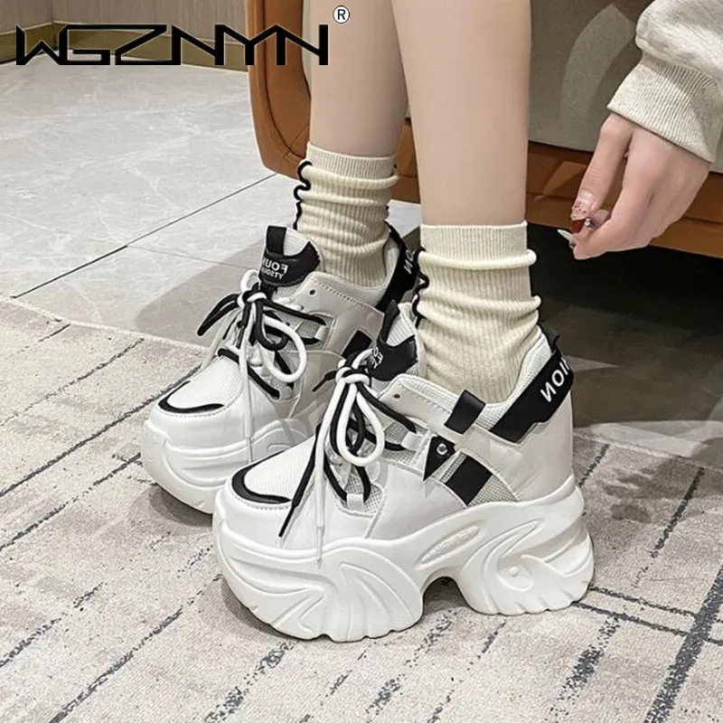 

10CM Women Platform Sneakers Lace-up Autumn Sports Dad Shoes High Top Chunky Casual Shoes Woman Thick Bottom Mesh White Shoes