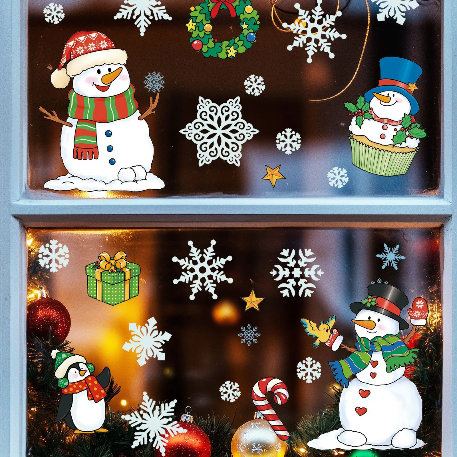 Christmas Snowman Snowflake Window Clings Static Stickers No Glue Removable Waterproof for Store Shopping Mall Holiday Decor