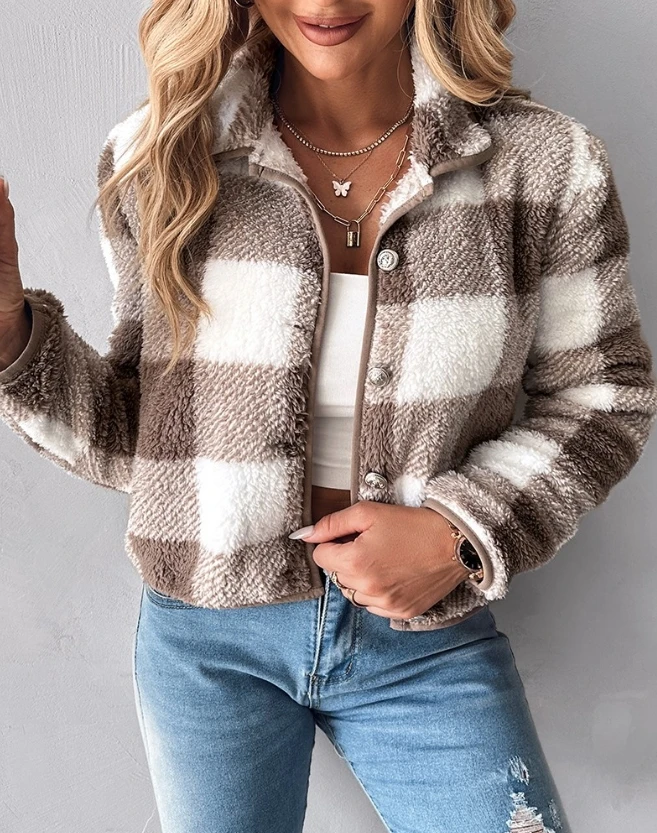 Jackets for Women 2024 Autumn Fashin Plaid Pattern Buttoned Casual Turn-Down Collar Long Sleeve Daily Crop Teddy Jacket Coat