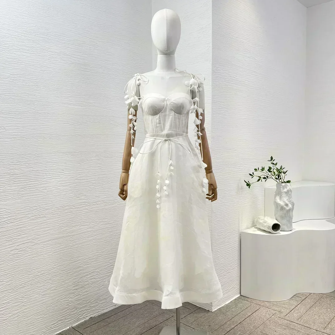 Appliques Women Summer Vacation Beach Style Holiday High Quality Linen Silk Sleeveless Spaghetti Strap White Midi Dress