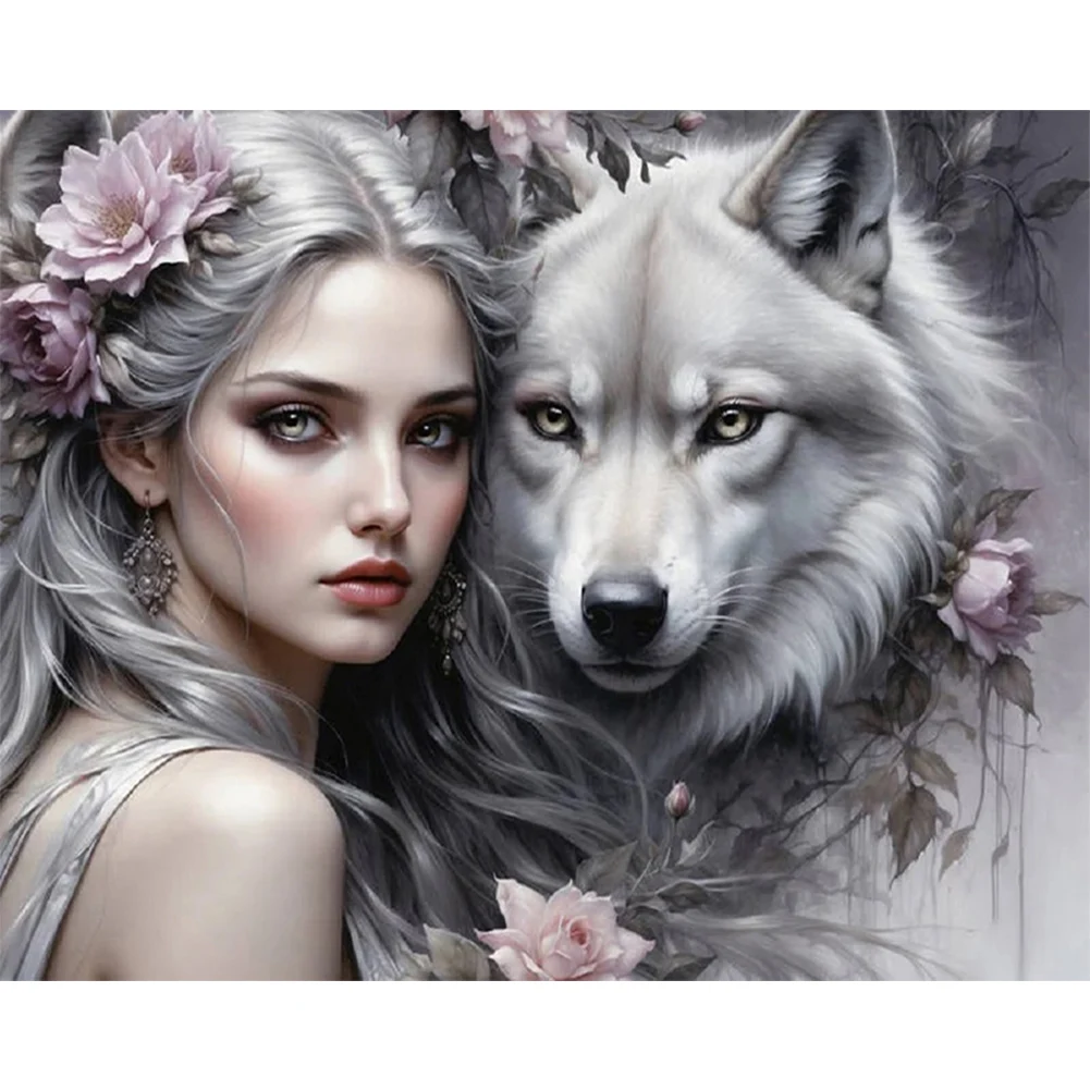 5D DIY Full Round Drill Diamond Painting Girl Wolf Home Decor Art Craft 50x40cm