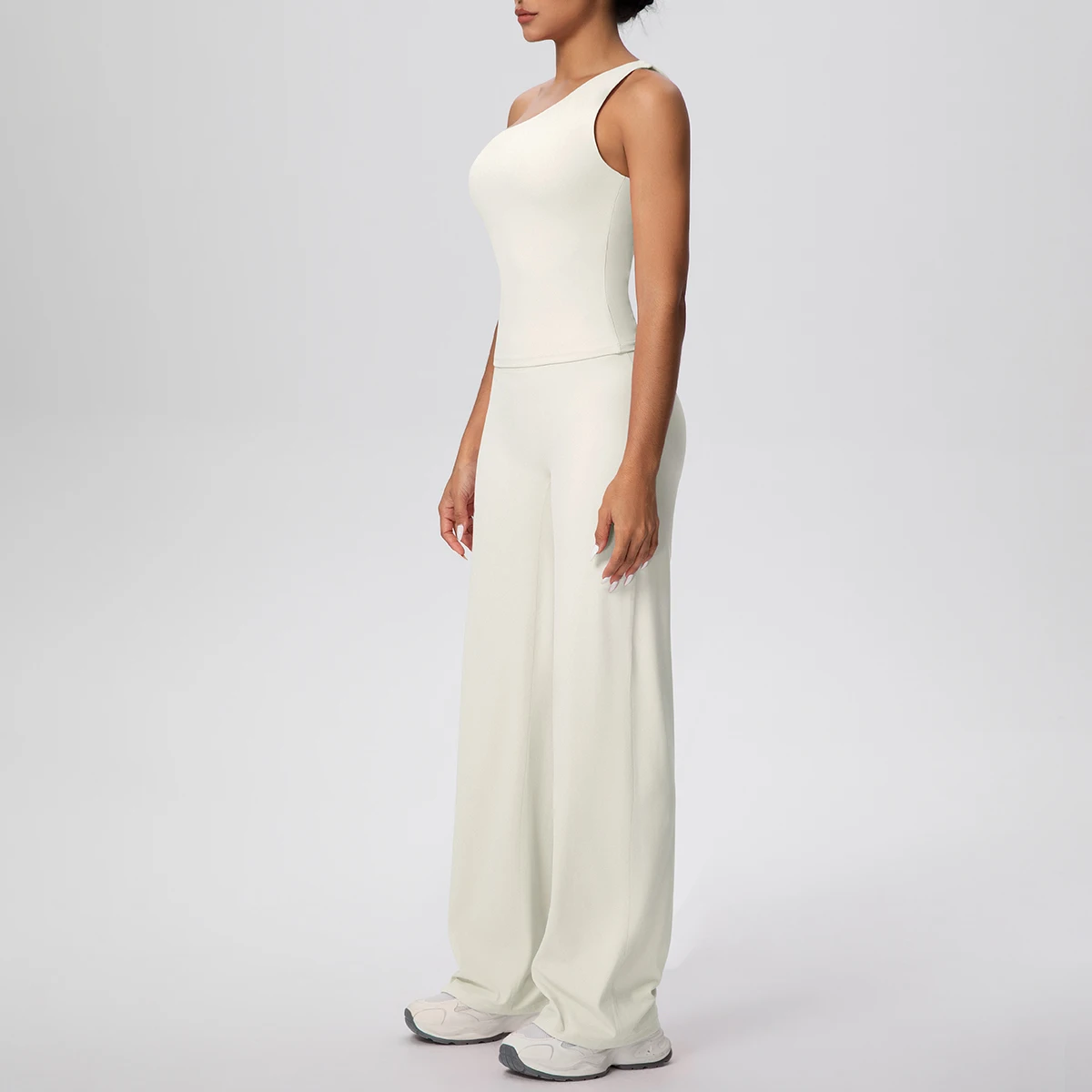 2PCS Summer Breathable Yoga Set for Woman Sexy Solid Color Single Shoulder Bra Breathable Quick Drying Wide Leg Pants Yoga Set