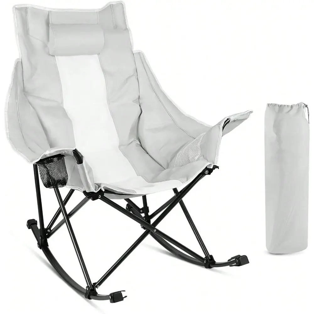 

Folding Rocking Camping Chair For Adults Portable Oversized Heavy Duty Design With BuiltIn Cup Holder, Cooler Bag Side Pocket,