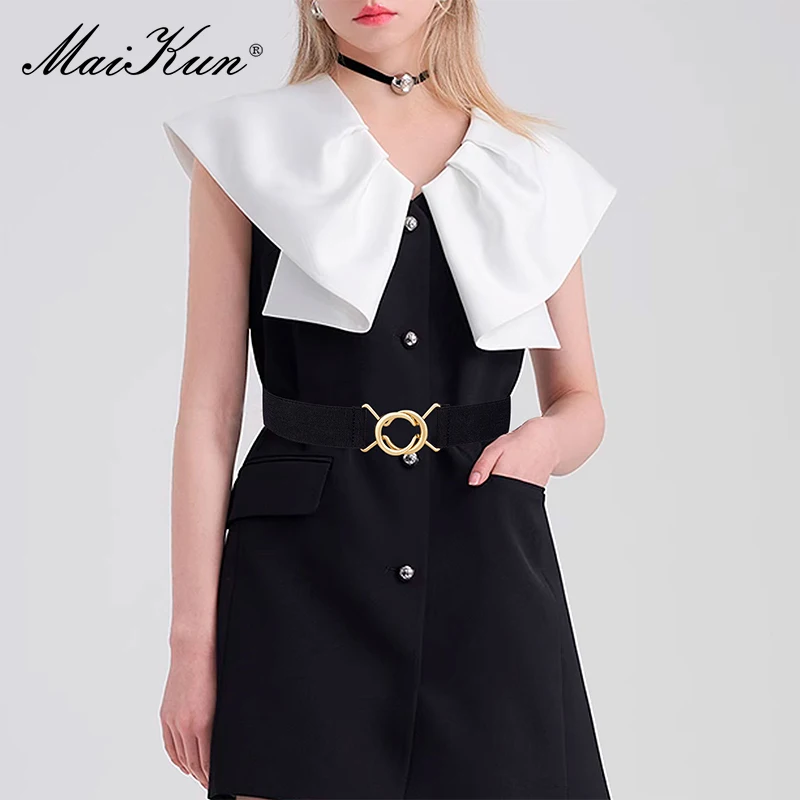 Maikun Fashion Women's Stretchy Belts  Black Simple Dress Slimming Elastic Belt Round Ring Buckle Waistband