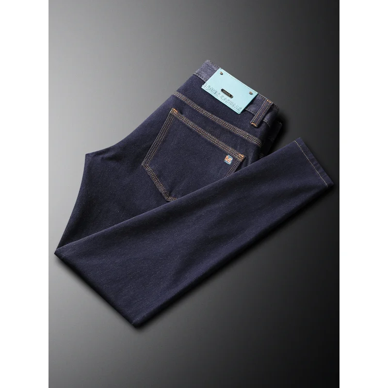 

Осенне-зимние толстые темно-синие джинсы, мужская модная тенденция, простые, эластичные, маленькие деловые брюки прямого кроя