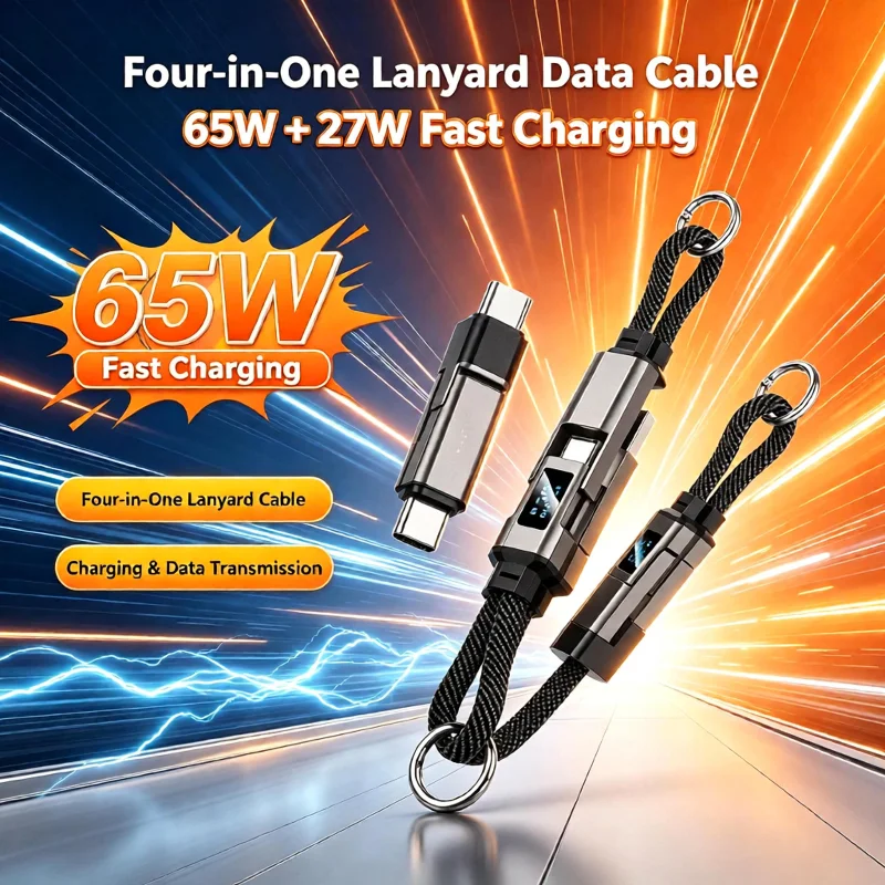Digital Display 65W Super Fast Charging 4-in-1 Keychain Charging Cable Short Smart Digital Cord Compatible With Huawei iPhone 17