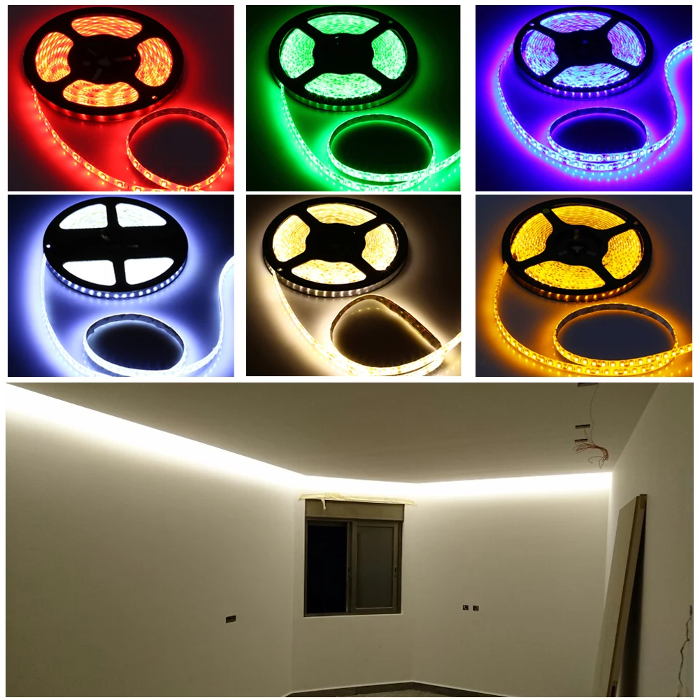 5M 3528 SMD LED Strip light DC 12V 60 120 LEDs/M indoor and outdoor waterproof Decorative Tape RGB White Blue Red Green Yellow