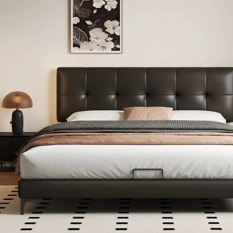 Italian light luxury slim headboard leather bed small master vintage full wrapped double bed home bedroom interior decor la