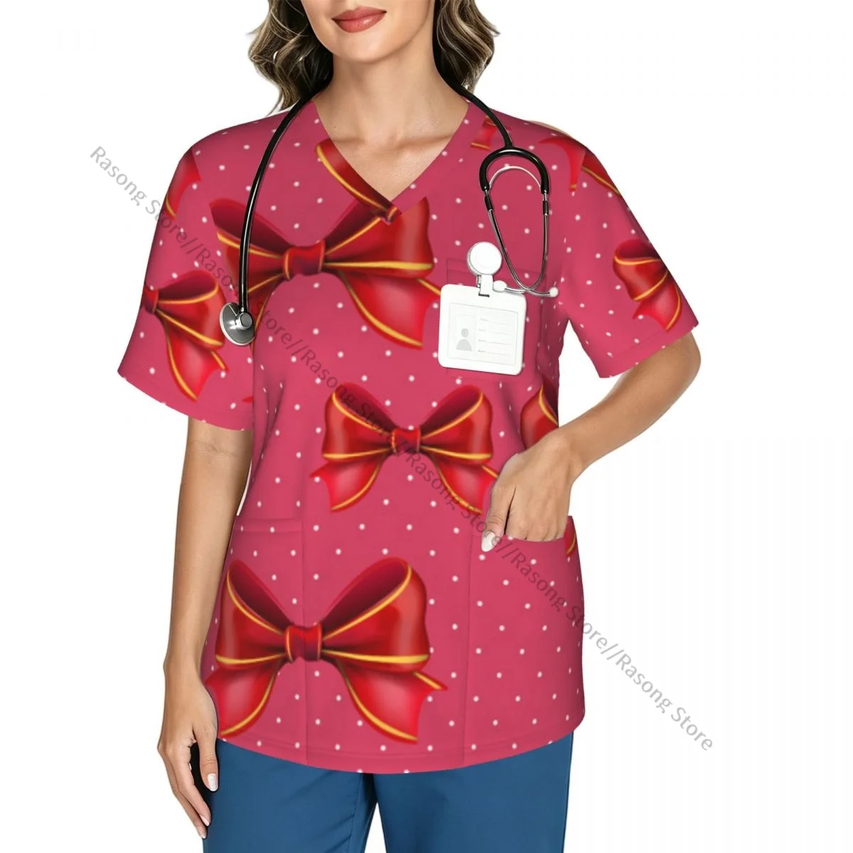 Women V Neck Scrub Top Red Bow Pattern Short Sleeve Nurse Hospital Uniforms Female Working Clothes with Pocket