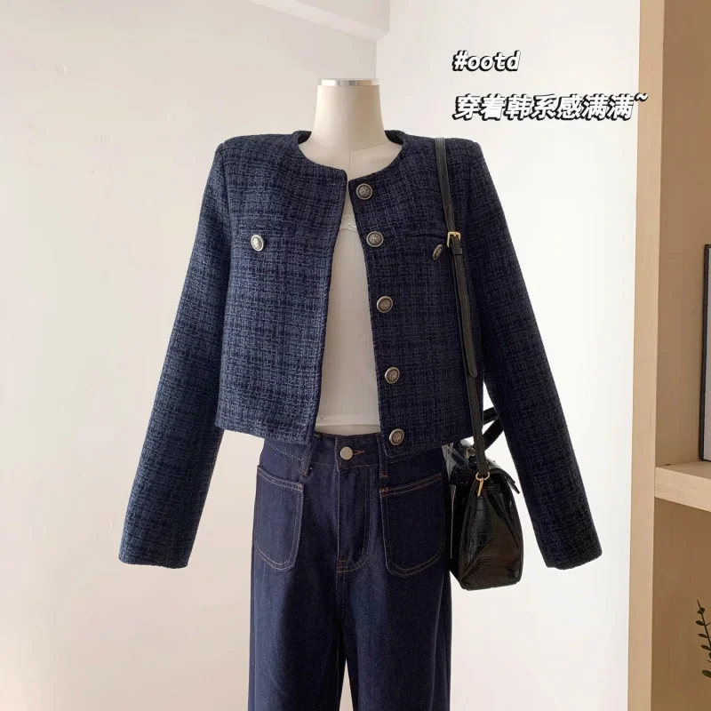 Women Elegant Tweed Cropped Jacket Autumn Korean Round Neck Single Breasted Coat Retro Luxury Loose Long Sleeve Casual Outerwear