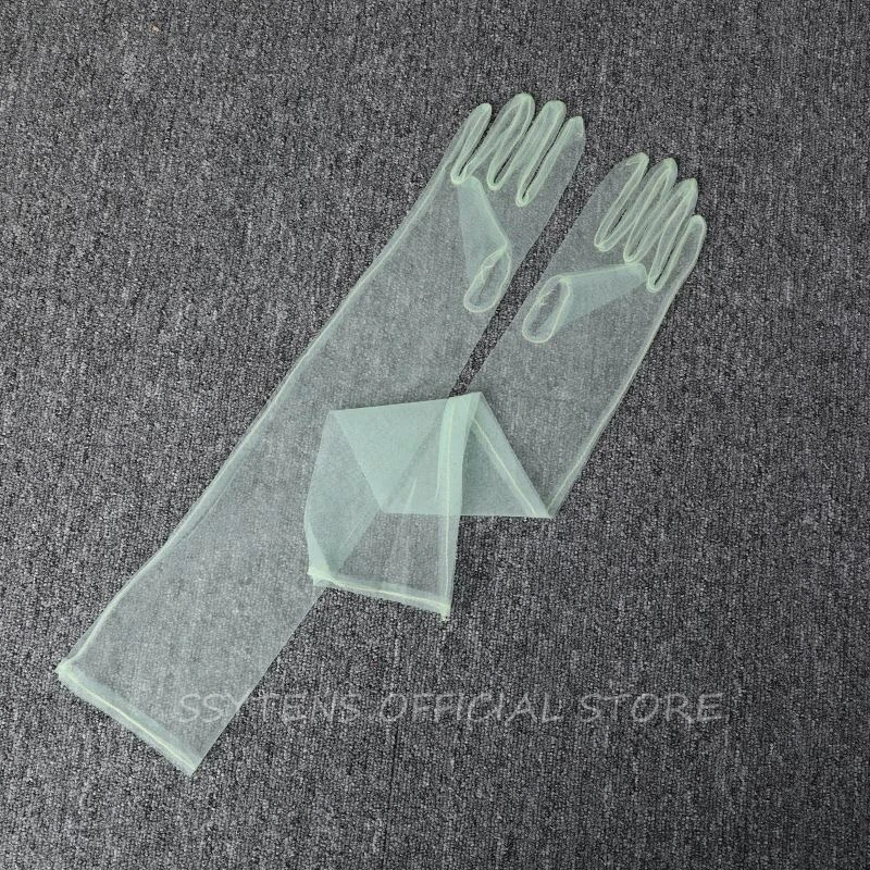 Women Sheer Tulle Gloves Transparent Thin Stretchy Full Finger 55cm Elbow Long Glove Mittens Wedding Party Photography Accessory